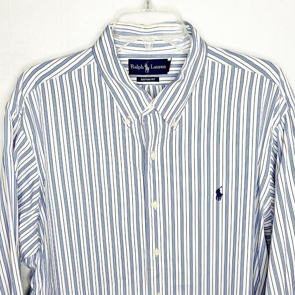 Ralph Lauren Shirt White Blue Striped Pony Button-Up Custom Fit Oxford Sz XL